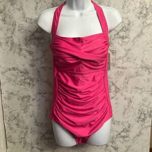 Smismivo Womens Pink One Piece Halter Padded Bra Swimsuit - Size Large